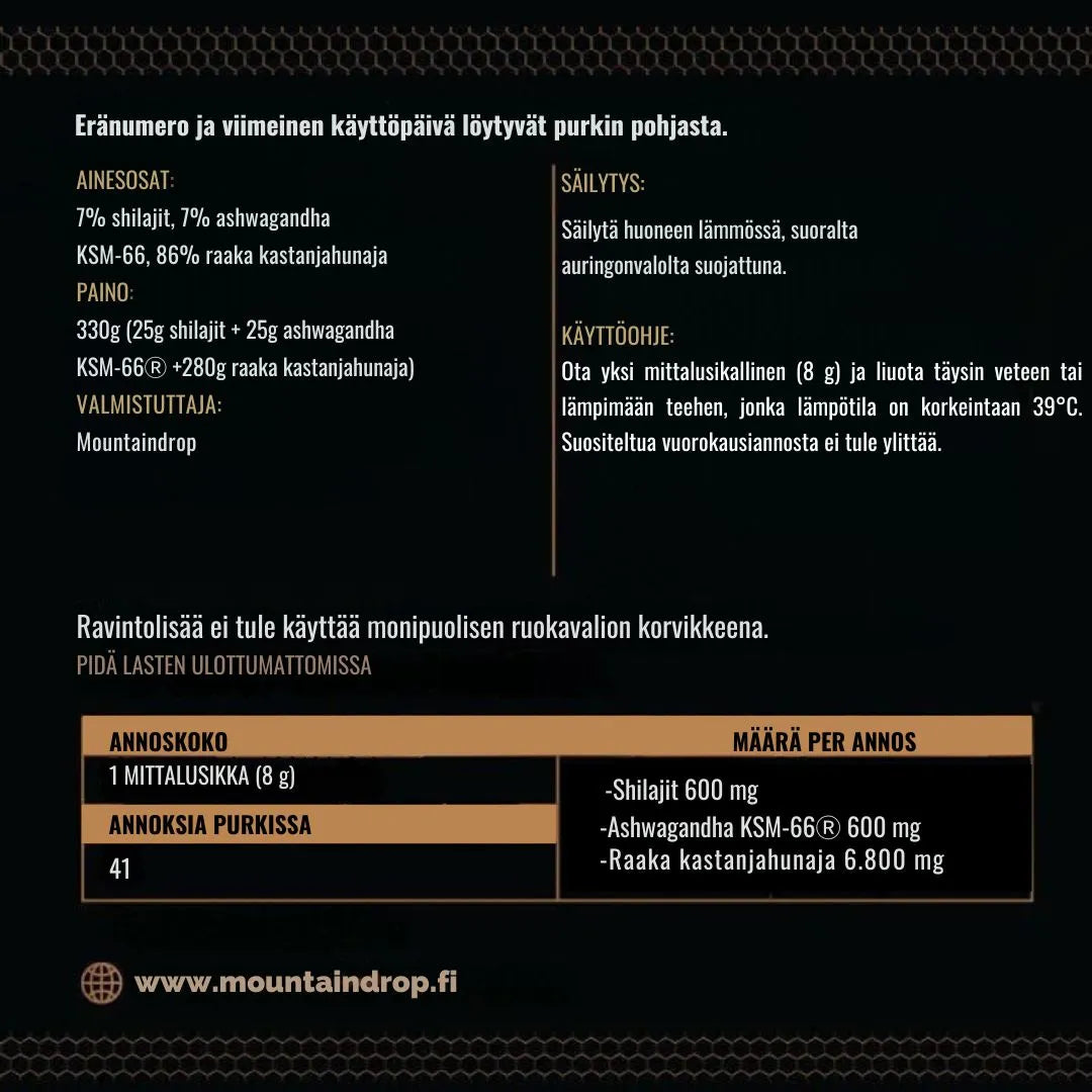 Mountaindrop Ashwagandha+ koostumus ja annostusohje – sisältää 85  aktiivista vaikuttavaa yhdistettä hyvinvoinnin tueksi.