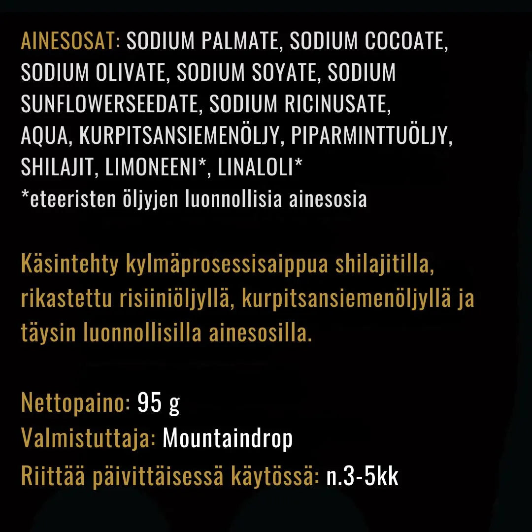 Mountaindrop elixir saippua tuotetiedot ja raaka-aineet. Paras valinta ihosi hyvinvointiin.