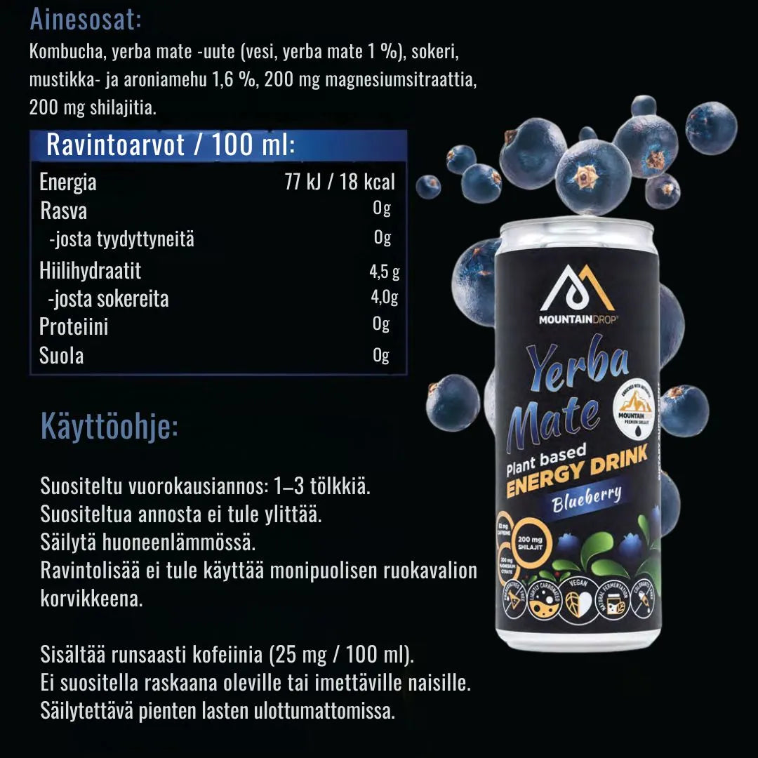 Mountaindrop Yerba Mate -juoman ravintosisältö ja ainesosat etiketissä. Luonnollista energiaa arkeen.