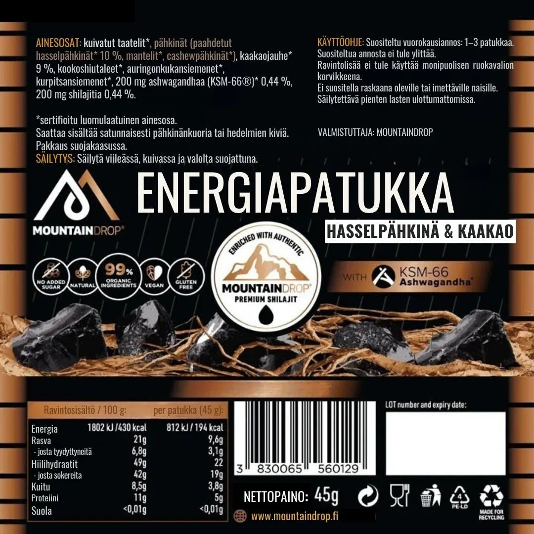 Mountaindrop Energiapatukan ravintosisältö ja ainesosaluettelo – sisältää shilajitia ja luonnollisia ja tehokkaita raaka-aineita.