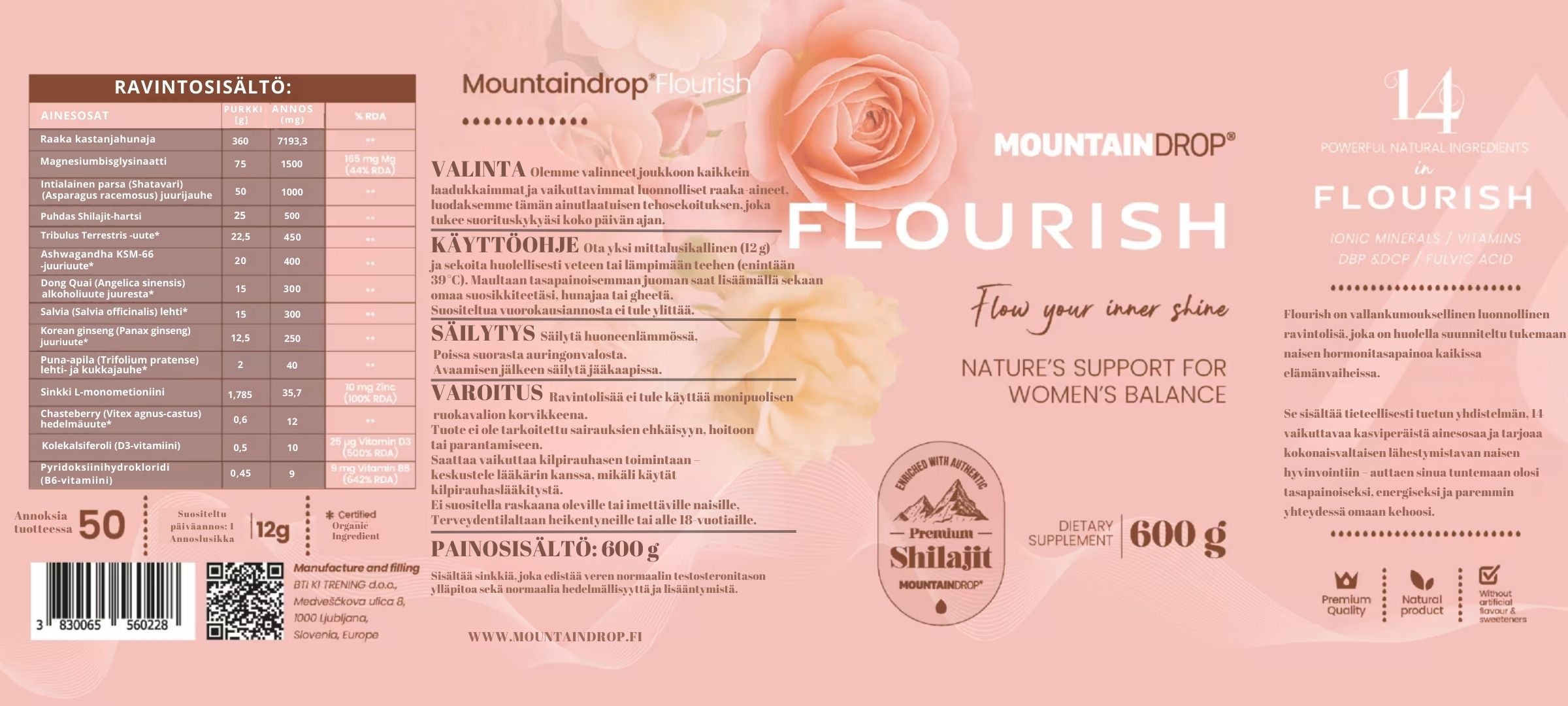 Mountaindrop® Flourish 600g | Naisen Elinvoiman Luonnollinen Vahvistaja
