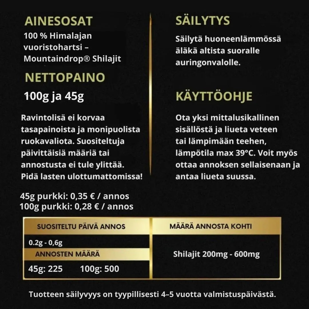 Mountaindrop shilajit ainesosat ja käyttöohje turvalliseen käyttöön.