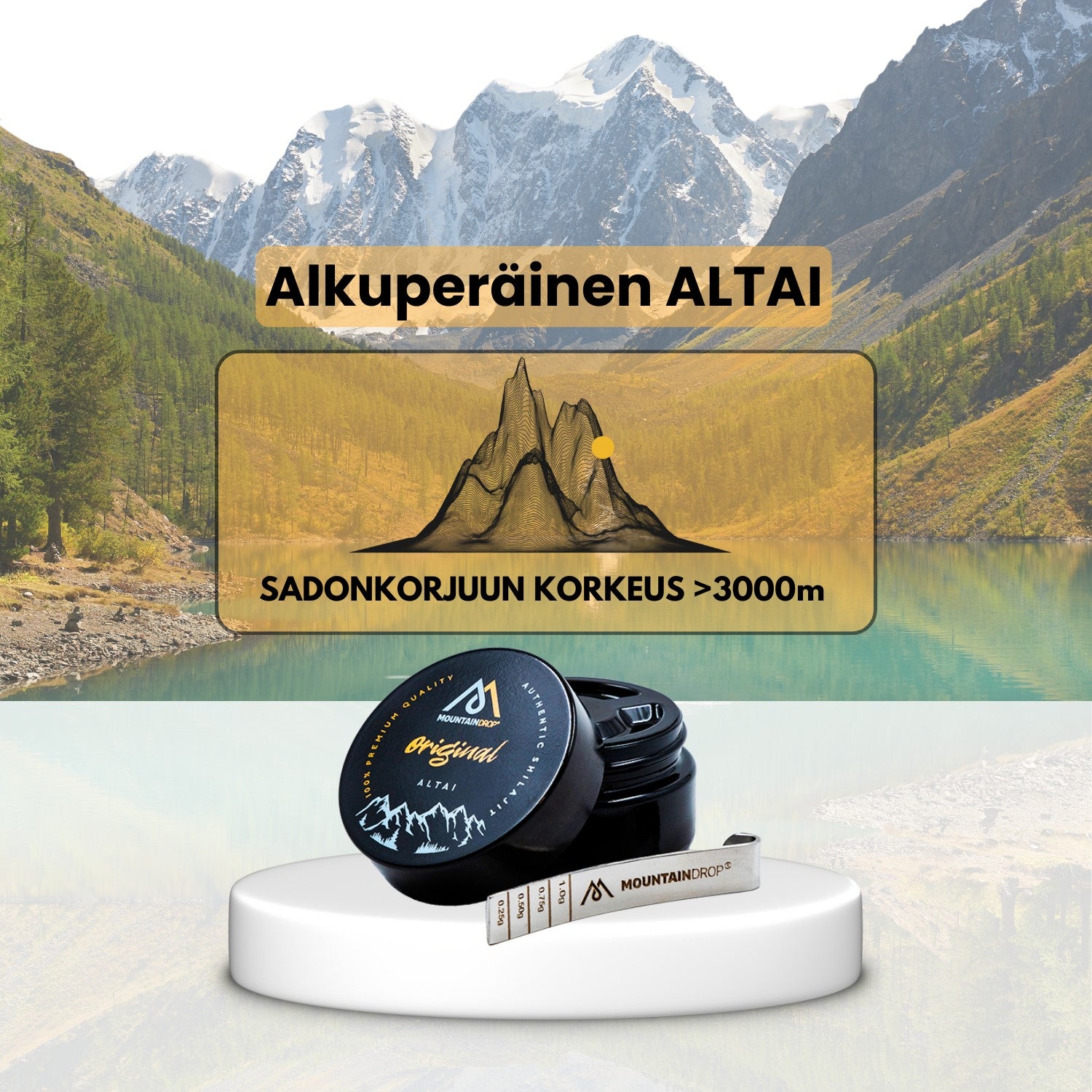 Mountaindrop Altai Shilajit ja taustalla Altain vuoristo. Luonnollinen ja kokonaisvaltainen lisäravinne arkeen.