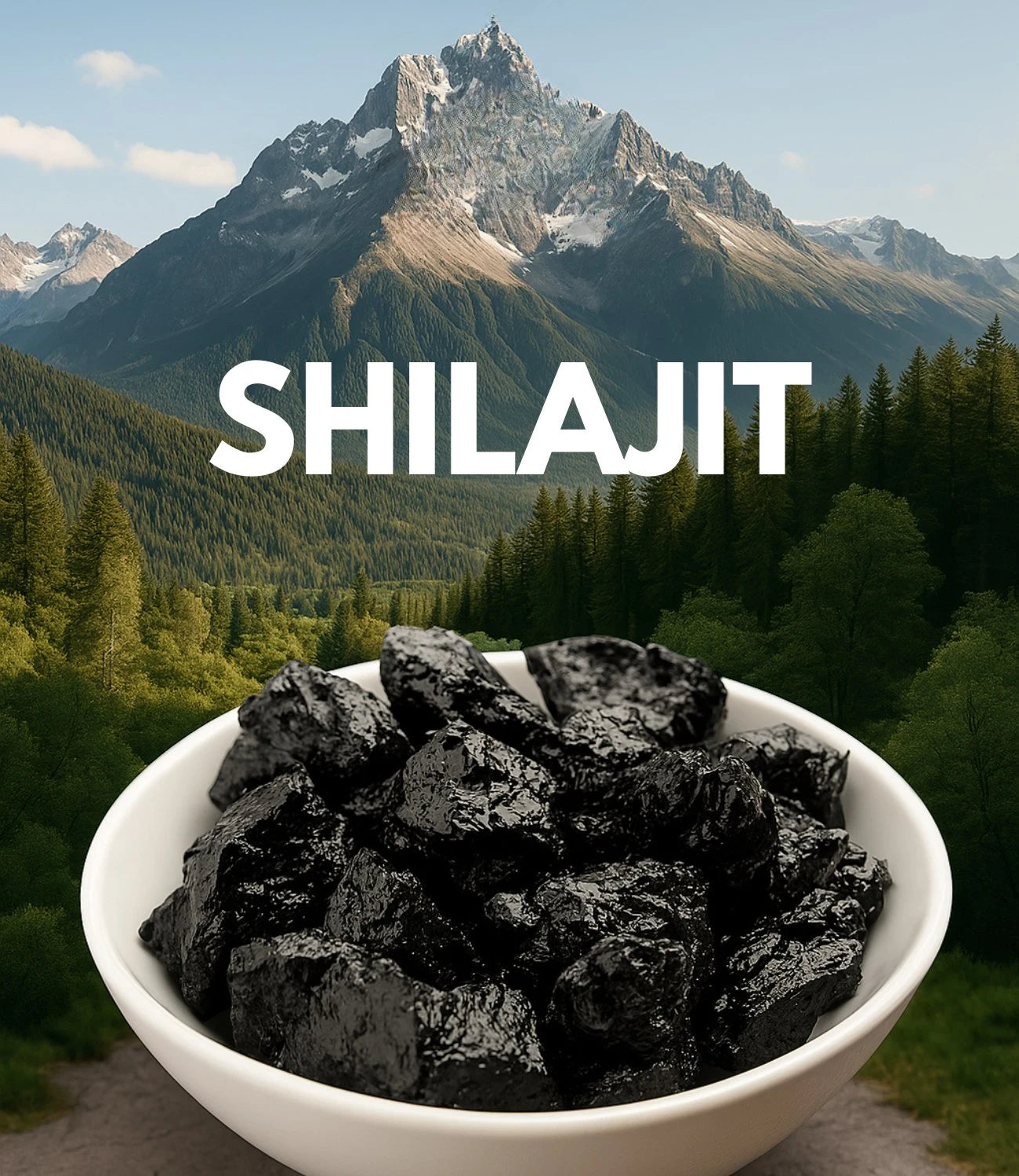 Shilajit hartsi, jonka taustalla Himalaja. Aito ja alkuperäinen Shilajit hyvinoinnin tueksi.