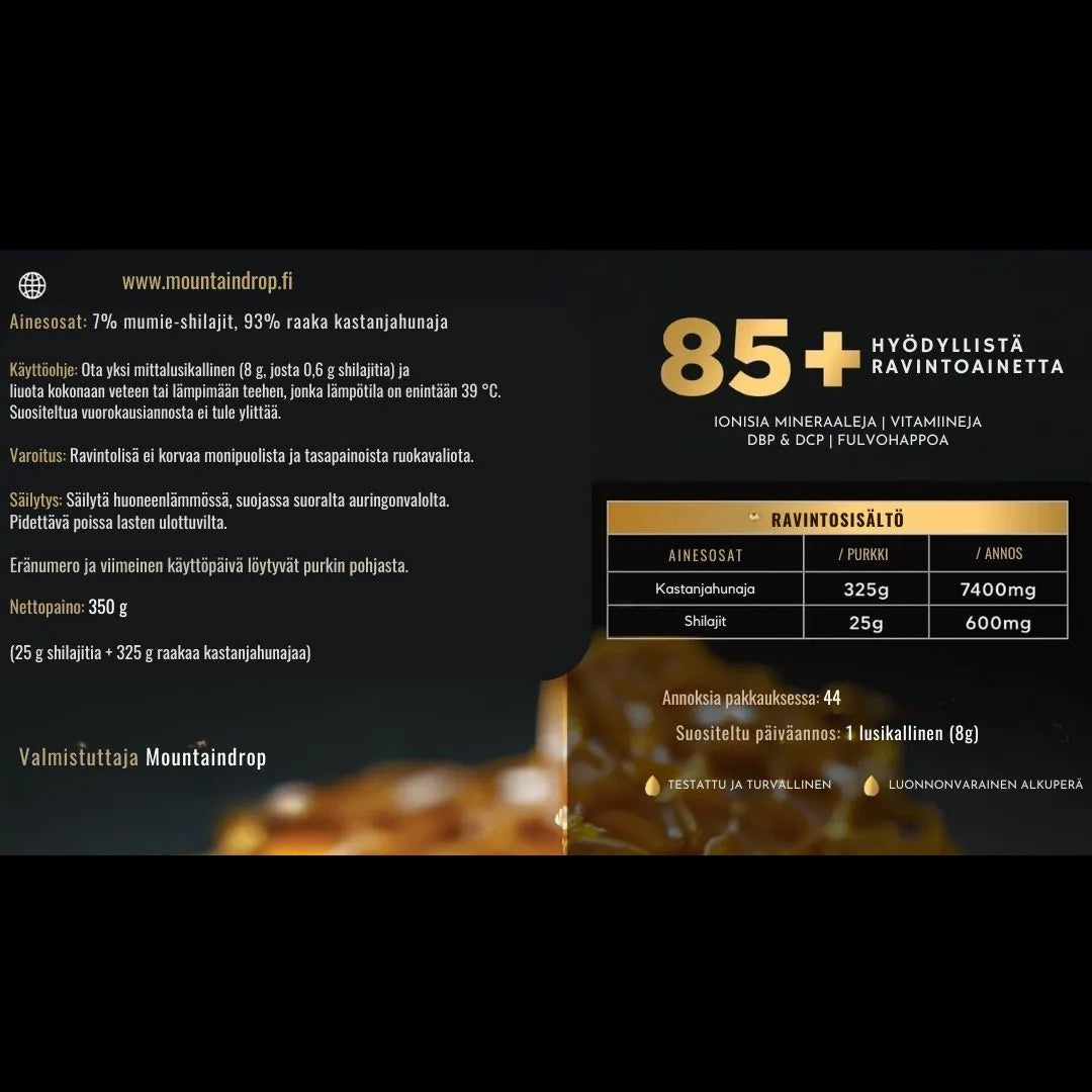 Mountaindrop Kastanjahunajan ravintosisältö ja ominaisuudet. Luonnolliset ainesosat tukemaan hyvinvointia.