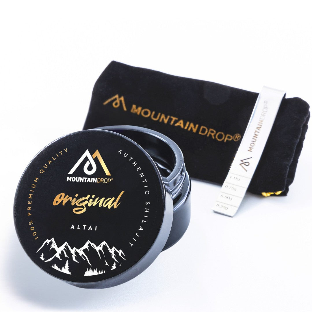 Mountaindrop Shilajit Altai -pakkaus ja annostelija – premium-laatuinen luonnontuote energiatasapainoon.