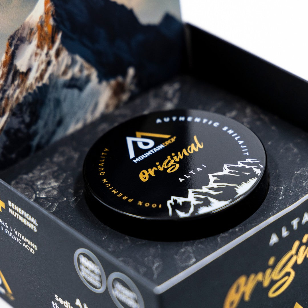 Mountaindrop Shilajit Altai myyntipakkauksessa – 40g - aito ja puhdas Shilajit Mountaindropilta.