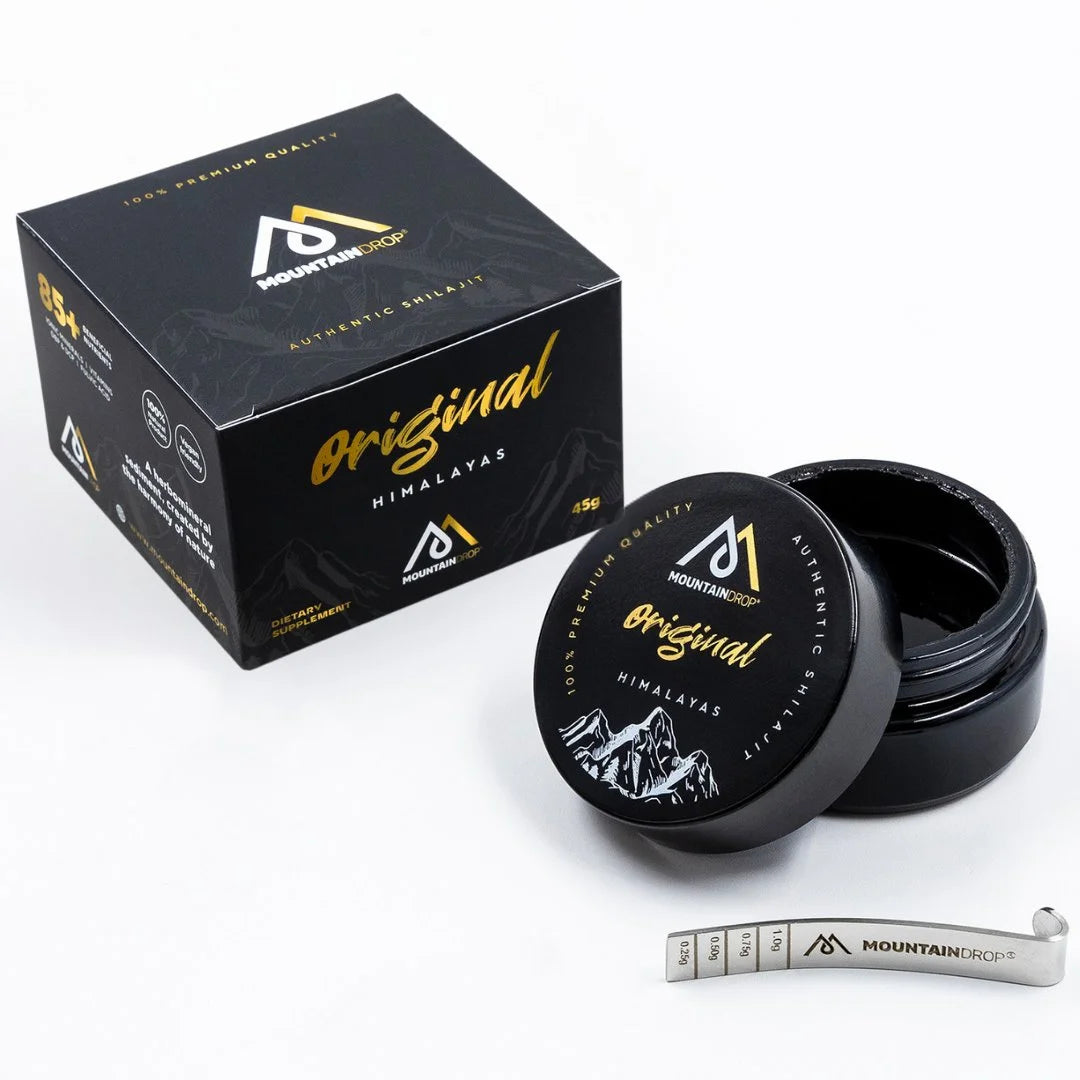 Mountaindrop Himalaja Shilajit purkissa. Sisältää yli 85 hyödyllistä ravintoainetta hyvinvoinnin tueksi.