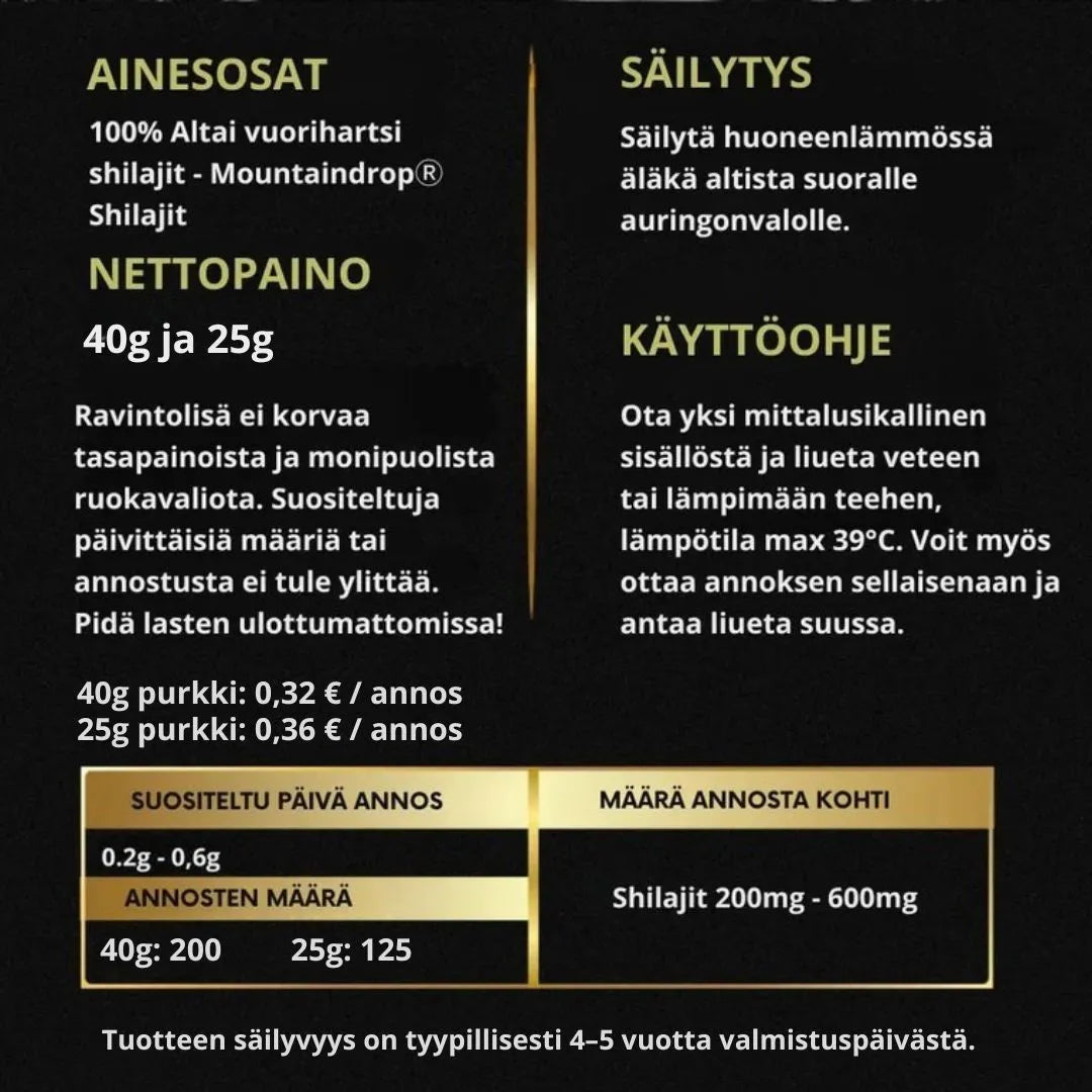 Mountaindrop Shilajit Altai – käyttöohje, annostus ja vaikuttavat aineet selkeästi esillä. Luotettava ja turvallinen lisä arkeen.