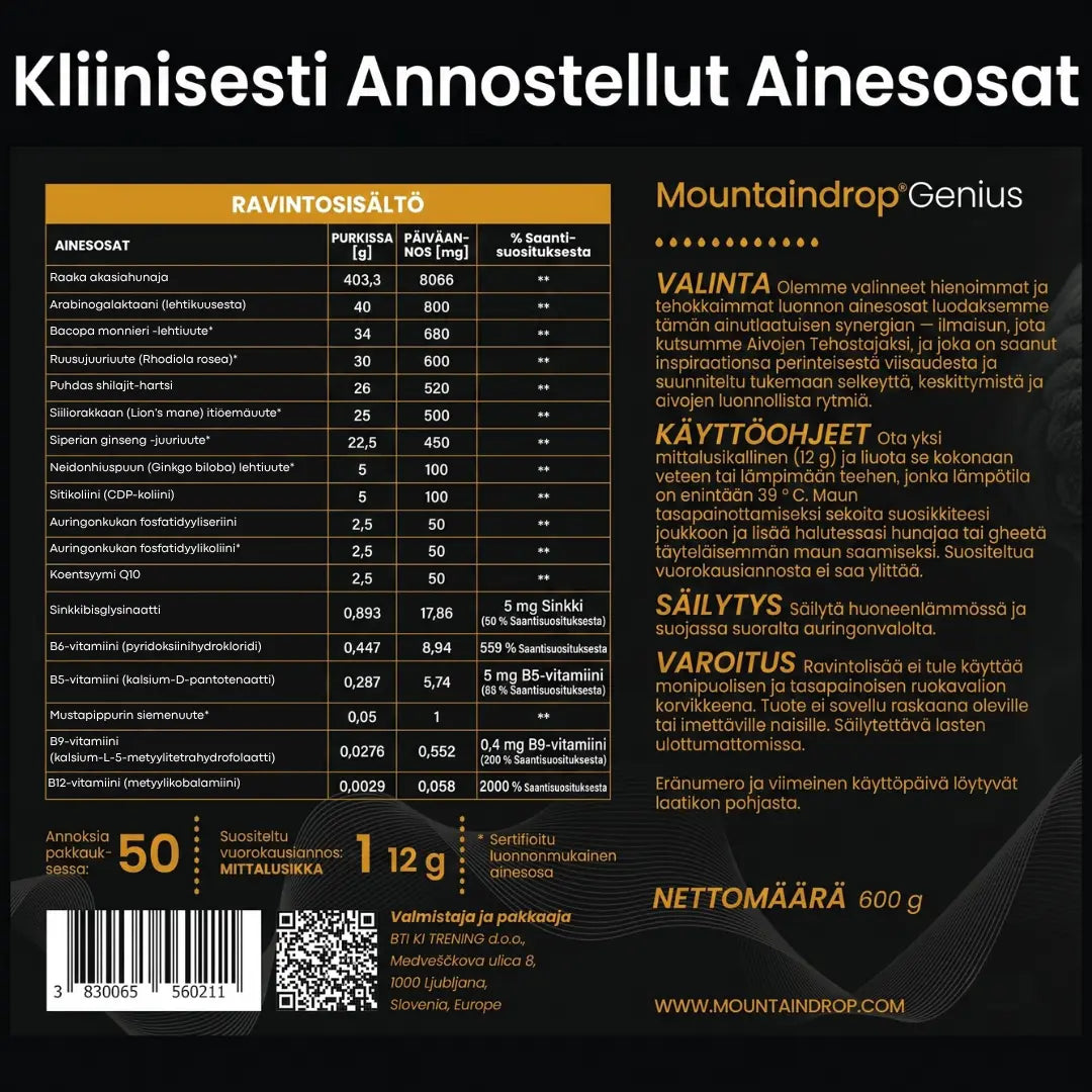Mountaindrop® Genius 600g | Luonnollinen Aivoboosteri