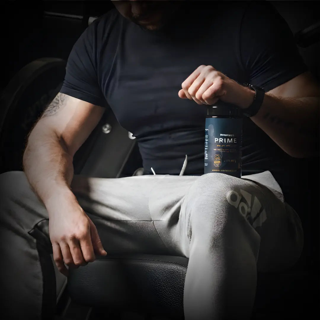 Urheilullinen mies kuntosalilla palautumassa treenistä Mountaindrop PRIME -tuotteen kanssa.