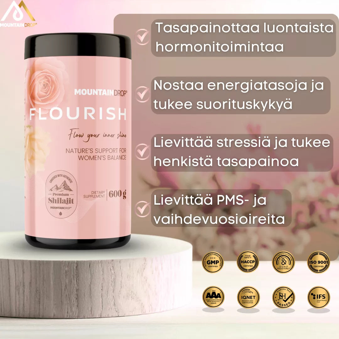 Mountaindrop® Flourish 600g | Naisen Elinvoiman Luonnollinen Vahvistaja