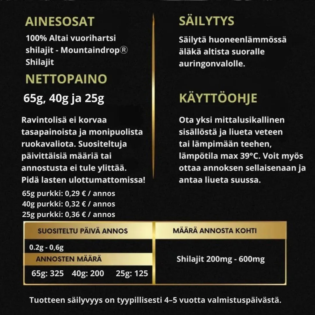 Mountaindrop Shilajit Altai – käyttöohje, annostus ja vaikuttavat aineet selkeästi esillä. Luotettava ja turvallinen lisä arkeen.