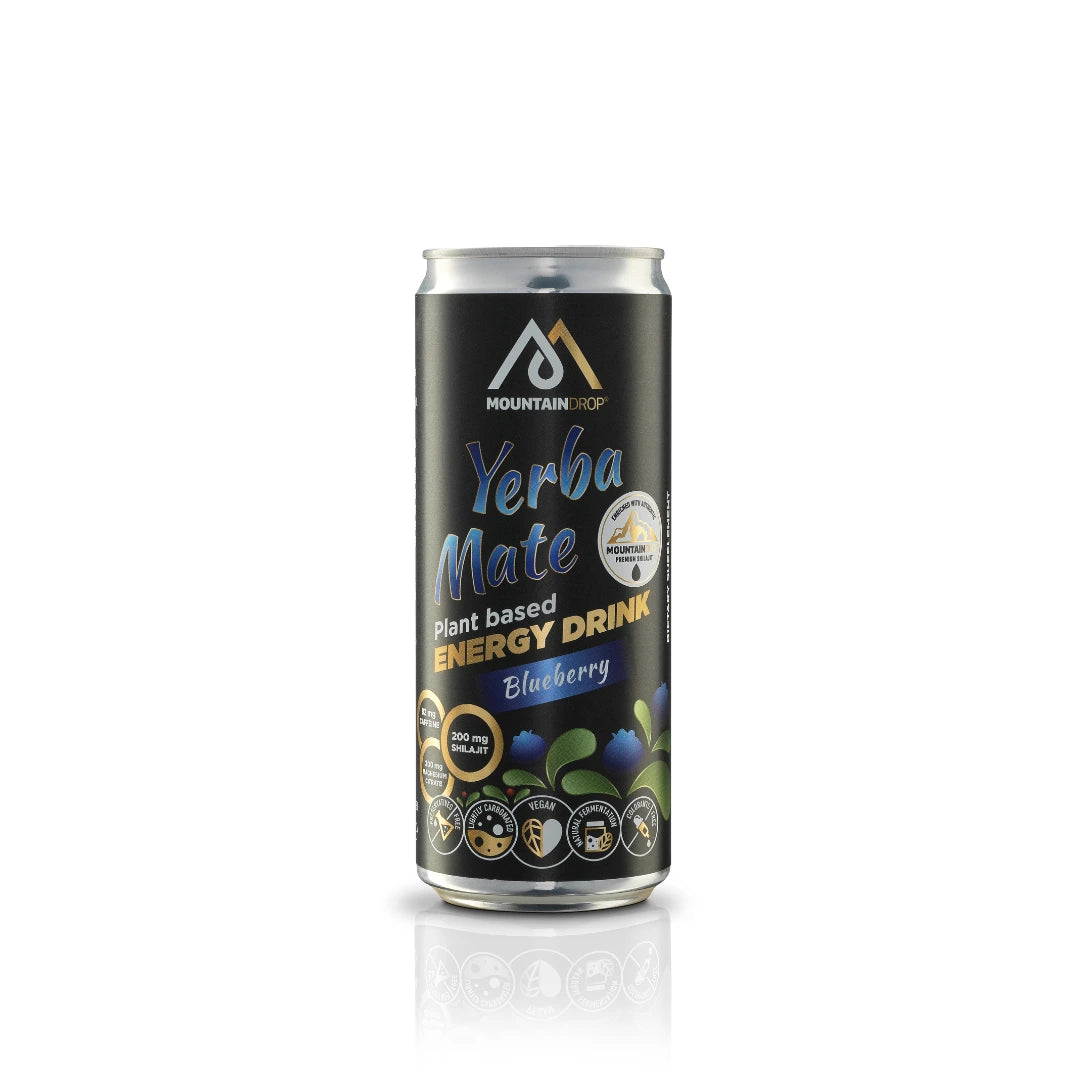 Mountaindrop Yerba Mate energiajuoma – luonnollinen kofeiiniboosti mustikalla ja shilajitilla.